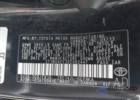 2013 Toyota Corolla Le from USA, damaged, VIN 2T1BU4EE3DC062447